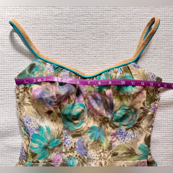 Vintage Teal & Lavender Floral A-line Dress Summer Feminine Retro 50s 70s - Picture 5 of 10